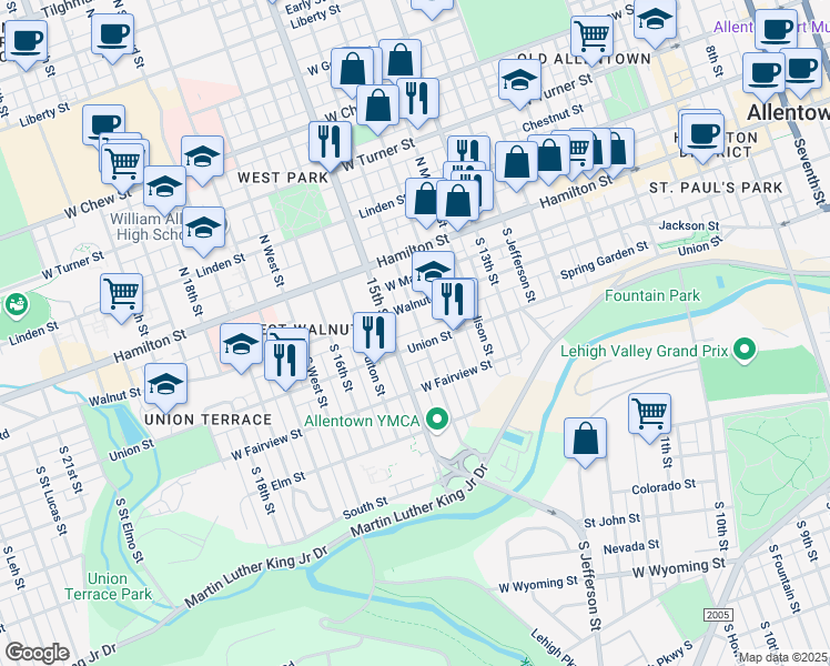 map of restaurants, bars, coffee shops, grocery stores, and more near 126 South Franklin Street in Allentown