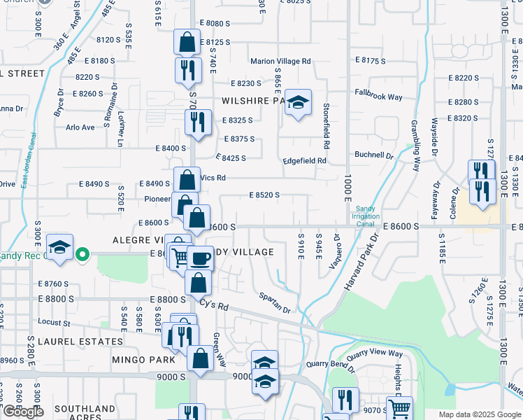 map of restaurants, bars, coffee shops, grocery stores, and more near 841 East 8600 South in Sandy