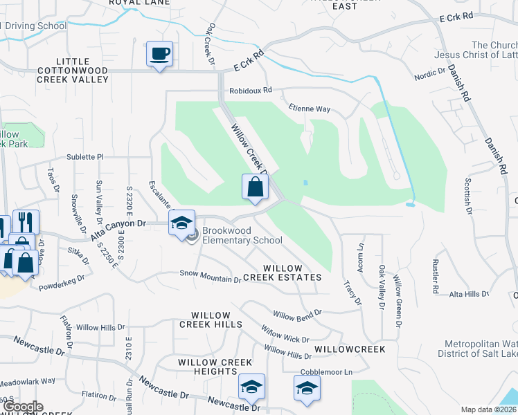 map of restaurants, bars, coffee shops, grocery stores, and more near 2667 Bridger Boulevard in Sandy