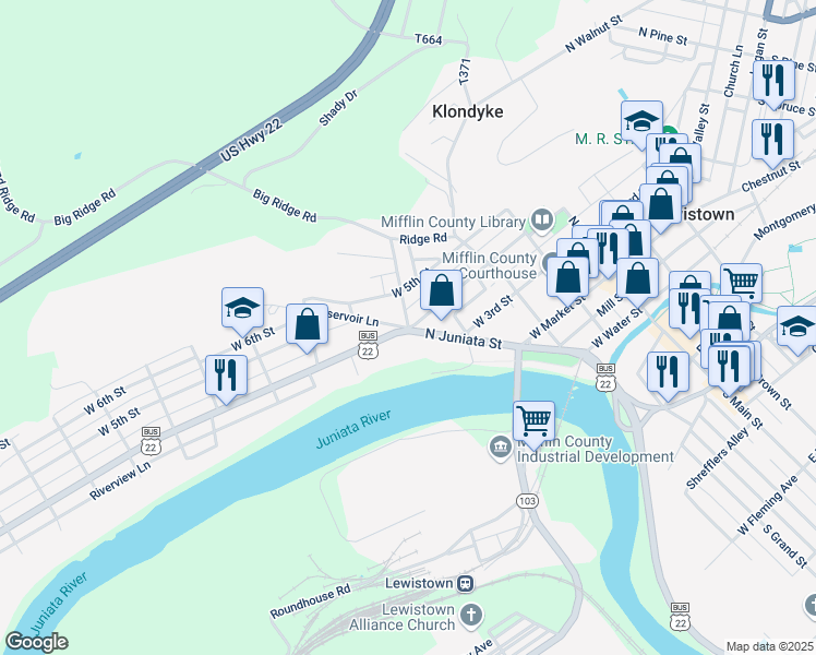 map of restaurants, bars, coffee shops, grocery stores, and more near 1 Reservoir Lane in Lewistown