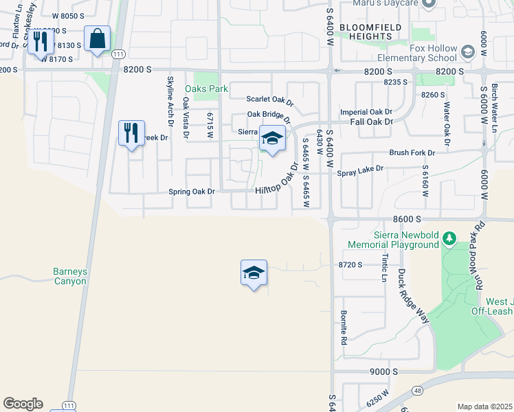 map of restaurants, bars, coffee shops, grocery stores, and more near 8564 Cork Oak Drive in West Jordan