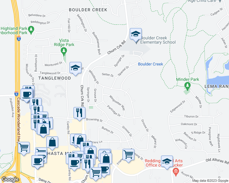 map of restaurants, bars, coffee shops, grocery stores, and more near 1541 Whistling Drive in Redding