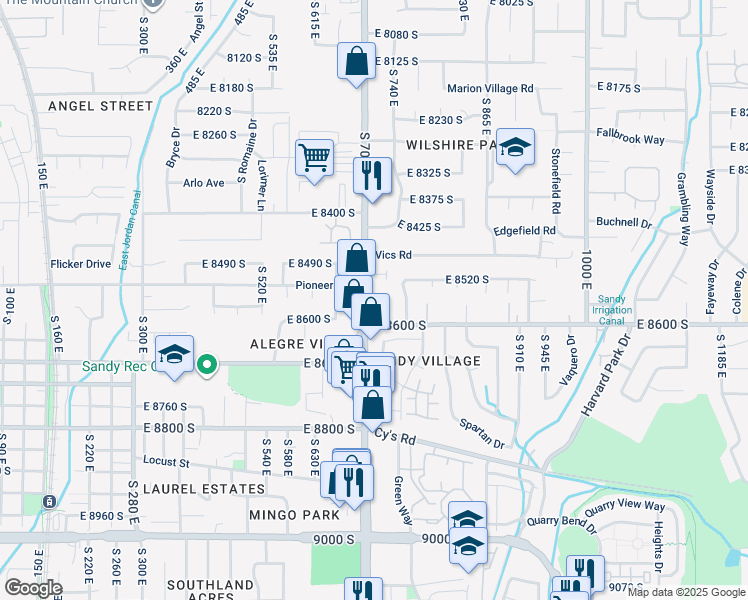 map of restaurants, bars, coffee shops, grocery stores, and more near 8555 S 700 E in Sandy