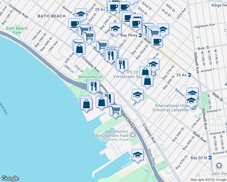 map of restaurants, bars, coffee shops, grocery stores, and more near 2266 Cropsey Avenue in Brooklyn