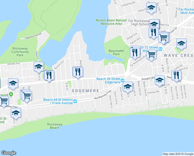 map of restaurants, bars, coffee shops, grocery stores, and more near 40-0 Beach Channel Drive in Queens