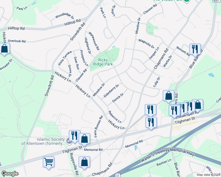 map of restaurants, bars, coffee shops, grocery stores, and more near 5921 Elderberry Drive in Lehigh County