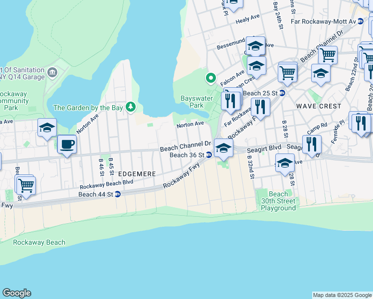 map of restaurants, bars, coffee shops, grocery stores, and more near 3-25 Beach 37th Street in Queens