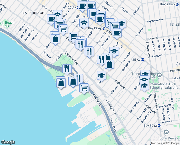 map of restaurants, bars, coffee shops, grocery stores, and more near 8831 23rd Avenue in Brooklyn