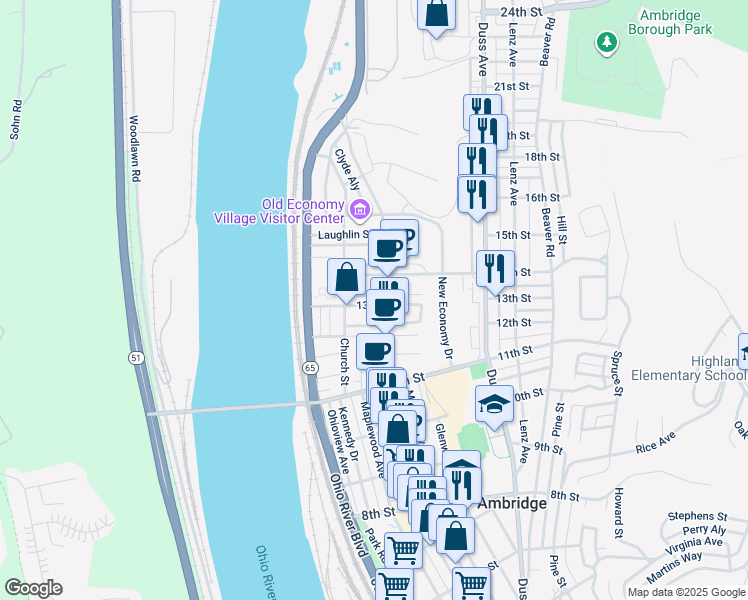 map of restaurants, bars, coffee shops, grocery stores, and more near 291 13th Street in Ambridge