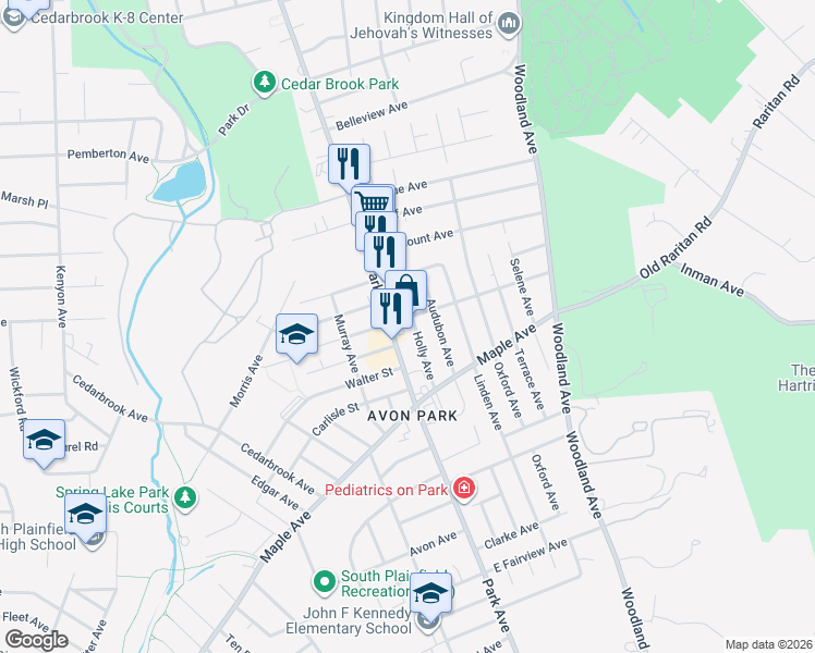 map of restaurants, bars, coffee shops, grocery stores, and more near 114 East Hendricks Boulevard in South Plainfield