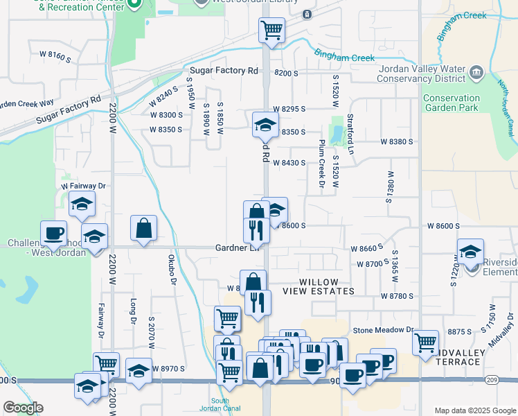 map of restaurants, bars, coffee shops, grocery stores, and more near 8558 South Redwood Road in West Jordan