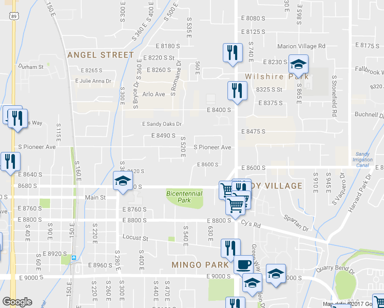 map of restaurants, bars, coffee shops, grocery stores, and more near 8550 South 570 East in Sandy