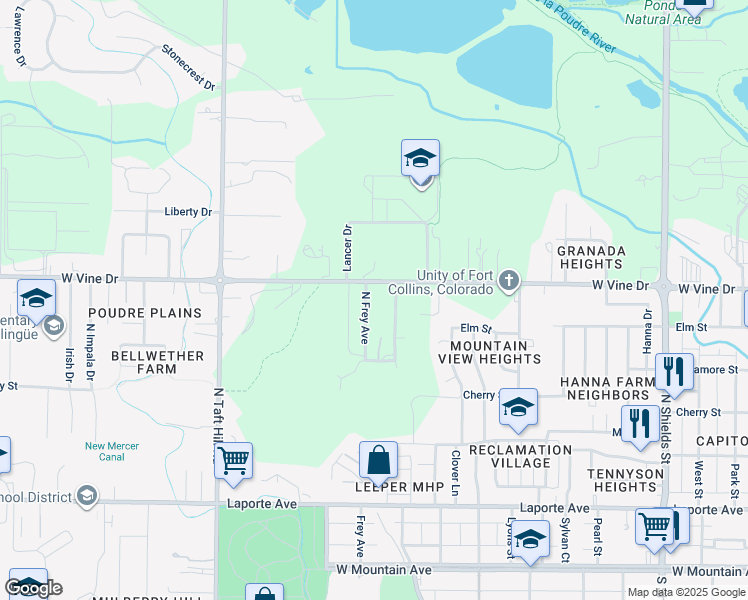 map of restaurants, bars, coffee shops, grocery stores, and more near 622 North Frey Avenue in Fort Collins