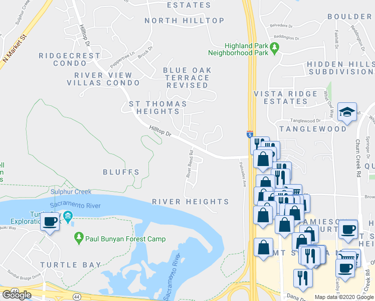 map of restaurants, bars, coffee shops, grocery stores, and more near 816 River Bend Road in Redding