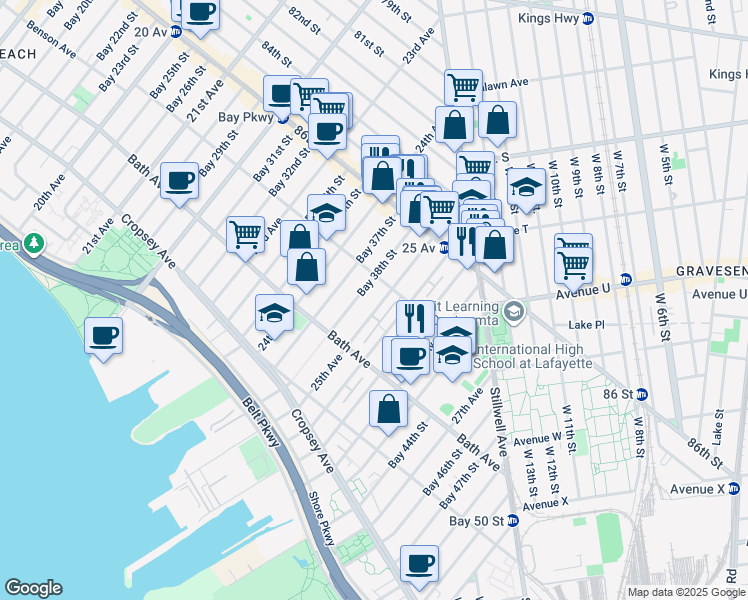 map of restaurants, bars, coffee shops, grocery stores, and more near 8689 25th Avenue in Brooklyn