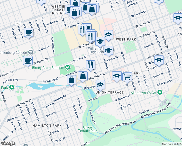 map of restaurants, bars, coffee shops, grocery stores, and more near 1901 Hamilton Street in Allentown