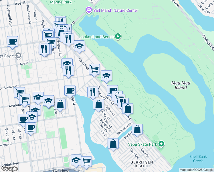 map of restaurants, bars, coffee shops, grocery stores, and more near 2529 Gerritsen Avenue in Brooklyn