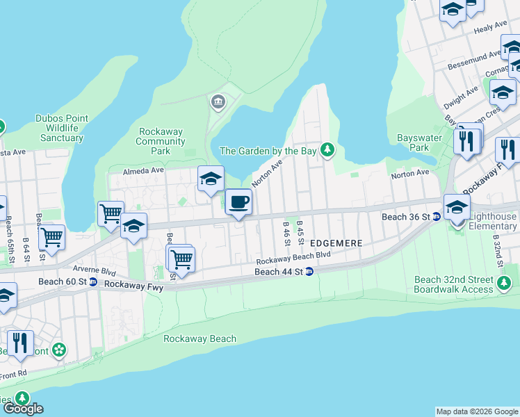 map of restaurants, bars, coffee shops, grocery stores, and more near 418 Beach 48th Street in Queens