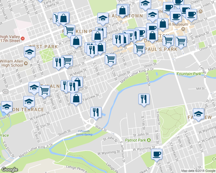 map of restaurants, bars, coffee shops, grocery stores, and more near 214 South Richland Street in Allentown