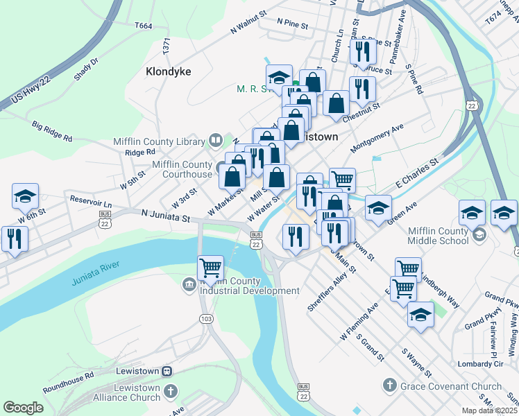 map of restaurants, bars, coffee shops, grocery stores, and more near 25 West Water Street in Lewistown