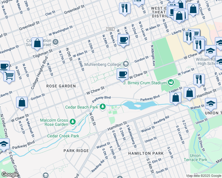 map of restaurants, bars, coffee shops, grocery stores, and more near 2400 West Chew Street in Allentown