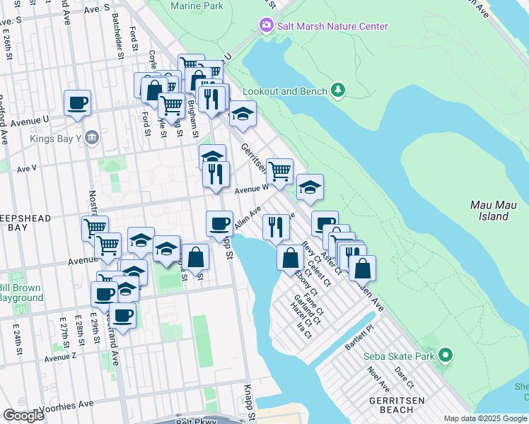 map of restaurants, bars, coffee shops, grocery stores, and more near 116 Celest Court in Brooklyn
