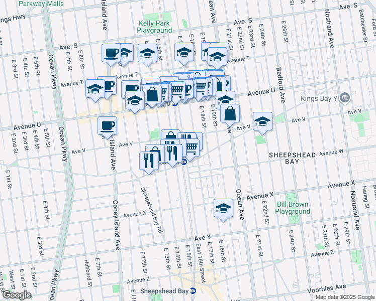 map of restaurants, bars, coffee shops, grocery stores, and more near 2235 East 16th Street in Brooklyn
