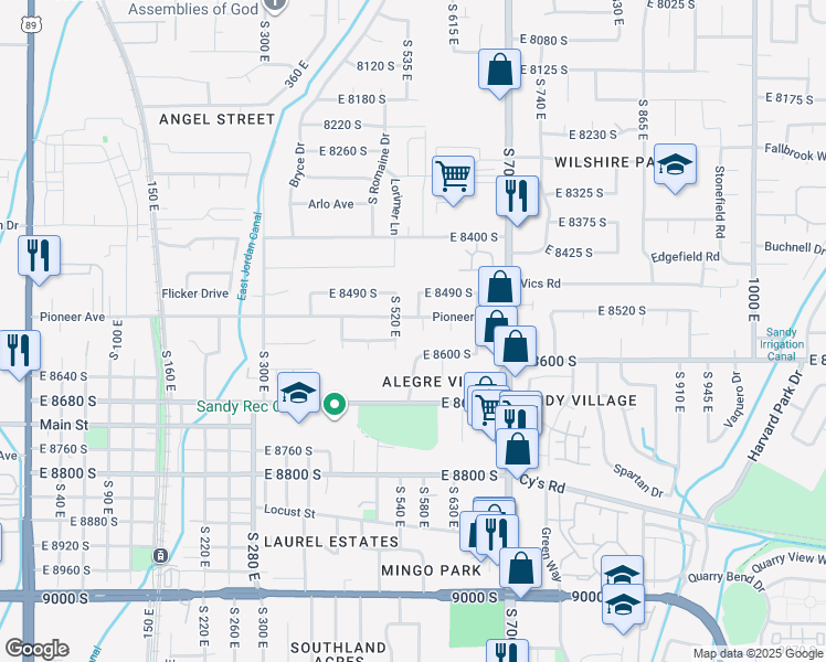 map of restaurants, bars, coffee shops, grocery stores, and more near 8550 South 570 East in Sandy