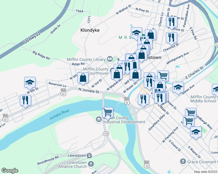 map of restaurants, bars, coffee shops, grocery stores, and more near 213 West Market Street in Lewistown