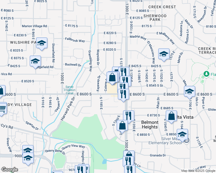 map of restaurants, bars, coffee shops, grocery stores, and more near 8542 Colene Drive in Sandy