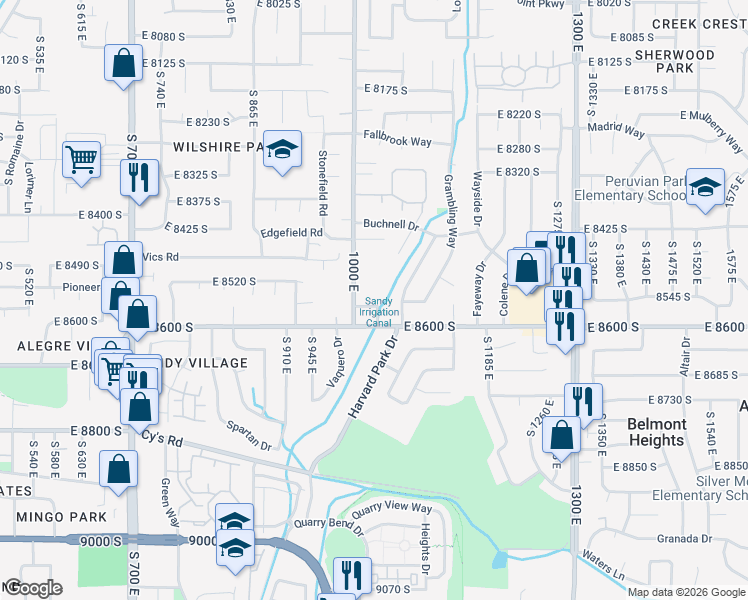 map of restaurants, bars, coffee shops, grocery stores, and more near 8539 South 1000 East in Sandy