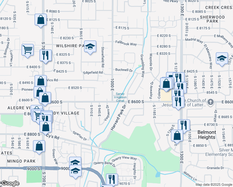 map of restaurants, bars, coffee shops, grocery stores, and more near 8539 South 1000 East in Sandy