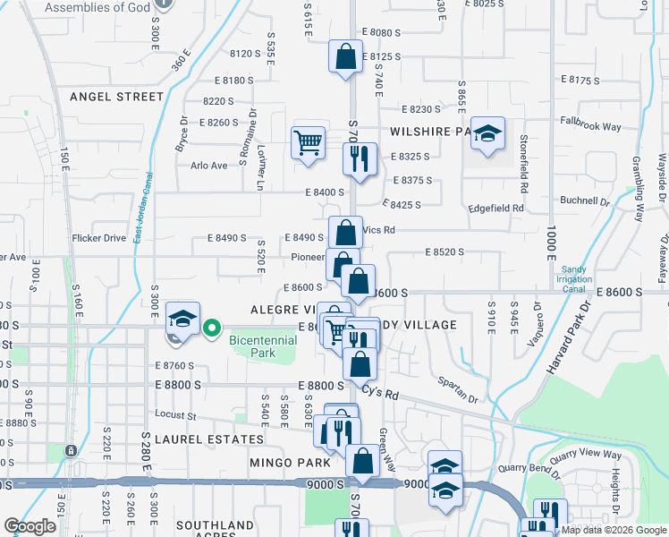 map of restaurants, bars, coffee shops, grocery stores, and more near 662 Pioneer Avenue in Sandy