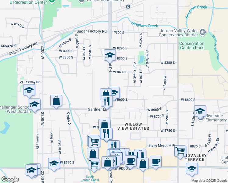 map of restaurants, bars, coffee shops, grocery stores, and more near 8537 South Redwood Road in West Jordan
