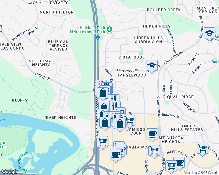 map of restaurants, bars, coffee shops, grocery stores, and more near 851 Mission De Oro Drive in Redding