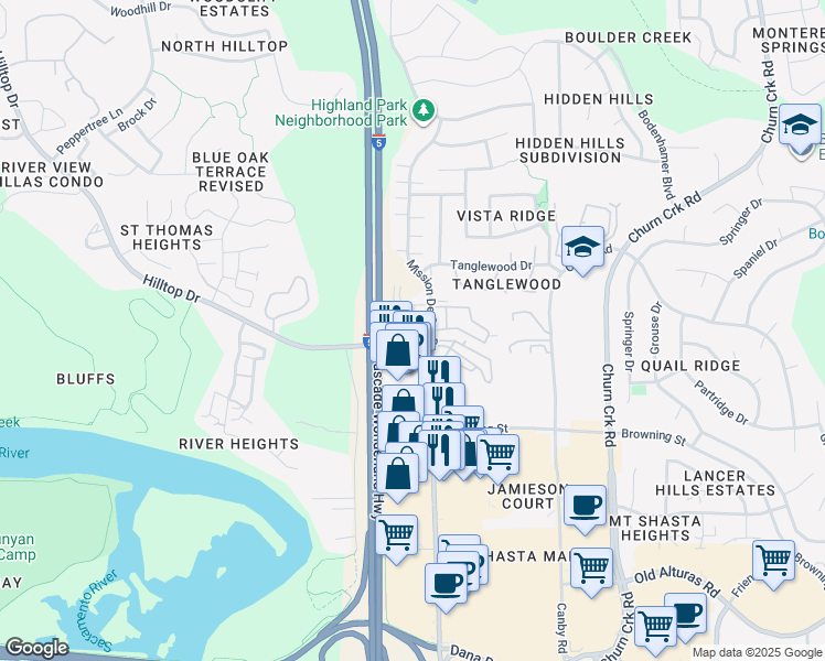 map of restaurants, bars, coffee shops, grocery stores, and more near 826 Mission De Oro Drive in Redding