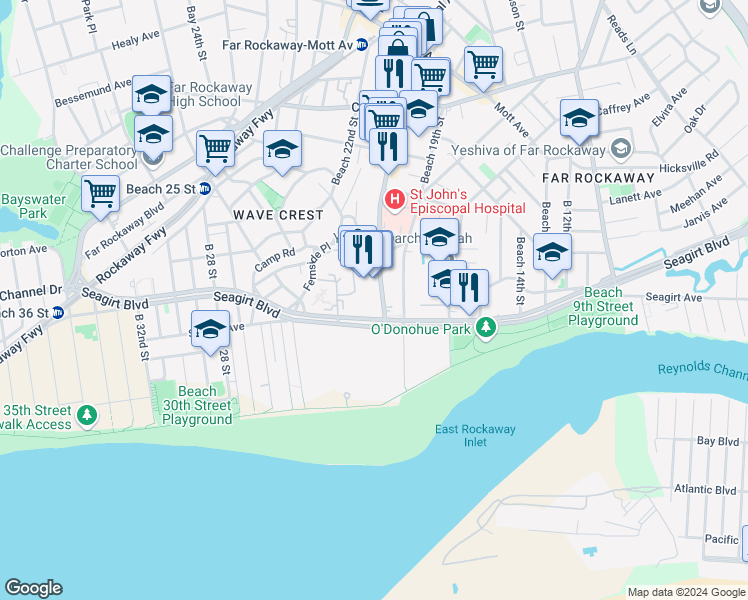 map of restaurants, bars, coffee shops, grocery stores, and more near 20-6 Seagirt Boulevard in Queens