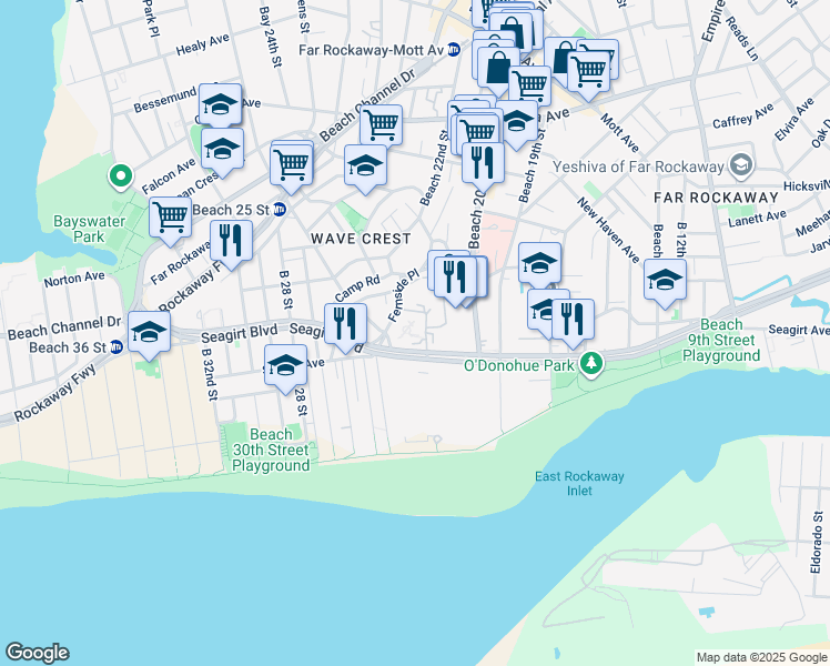 map of restaurants, bars, coffee shops, grocery stores, and more near 20-42 Seagirt Boulevard in Queens