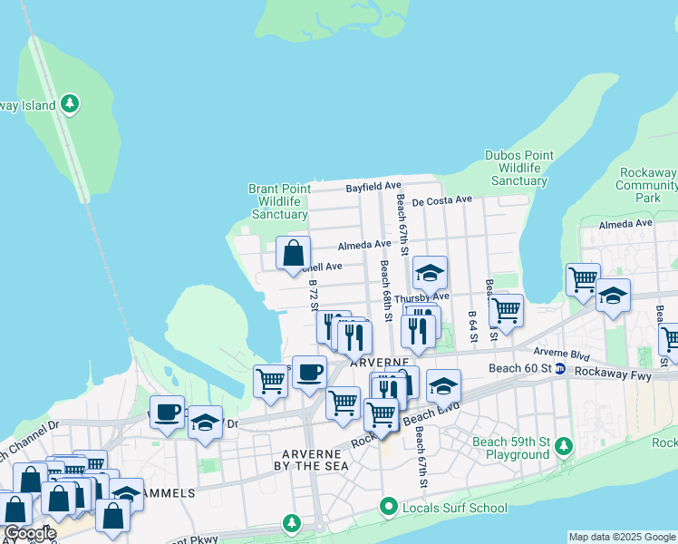 map of restaurants, bars, coffee shops, grocery stores, and more near 69-35 Burchell Avenue in Queens