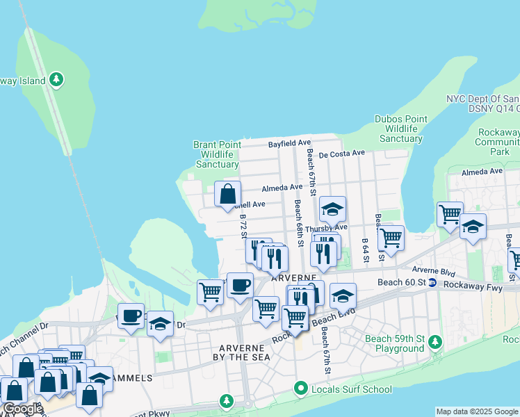 map of restaurants, bars, coffee shops, grocery stores, and more near 69-35 Burchell Avenue in Queens