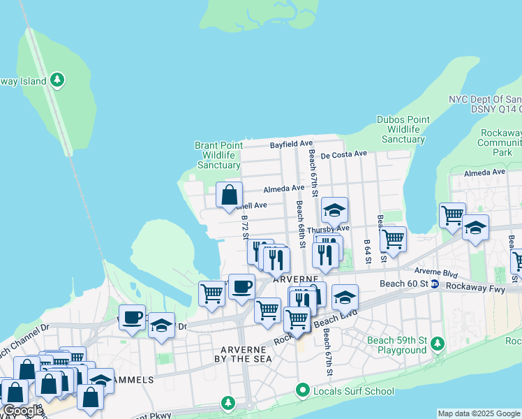 map of restaurants, bars, coffee shops, grocery stores, and more near 69-35 Burchell Avenue in Queens