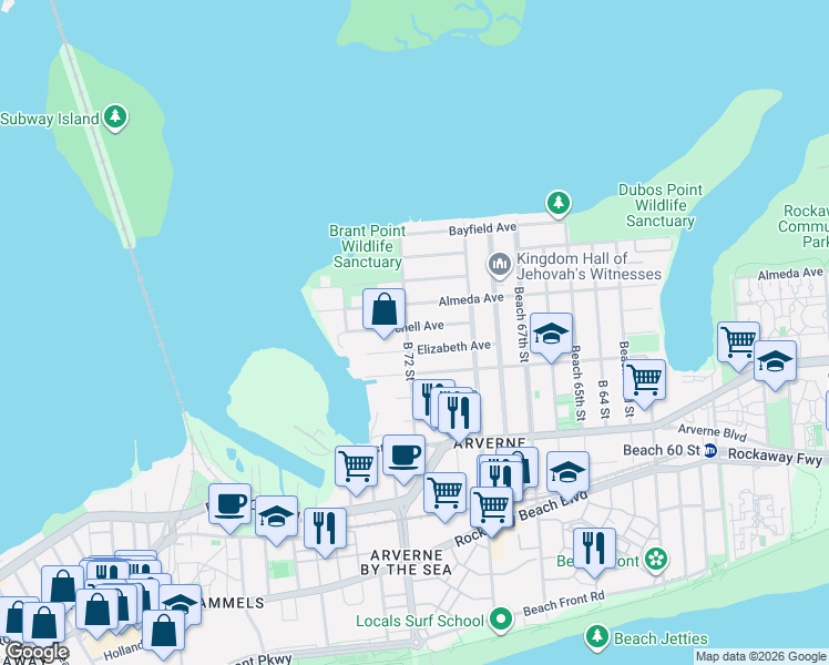 map of restaurants, bars, coffee shops, grocery stores, and more near 69-35 Burchell Avenue in Queens