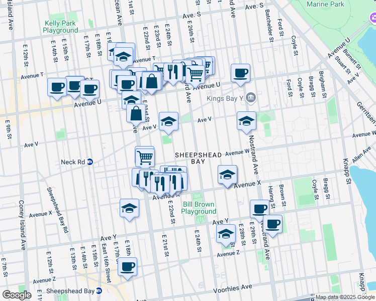 map of restaurants, bars, coffee shops, grocery stores, and more near 2268 East 24th Street in Brooklyn