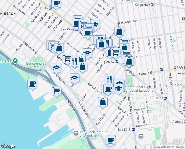 map of restaurants, bars, coffee shops, grocery stores, and more near 118 Bay 38th Street in Brooklyn
