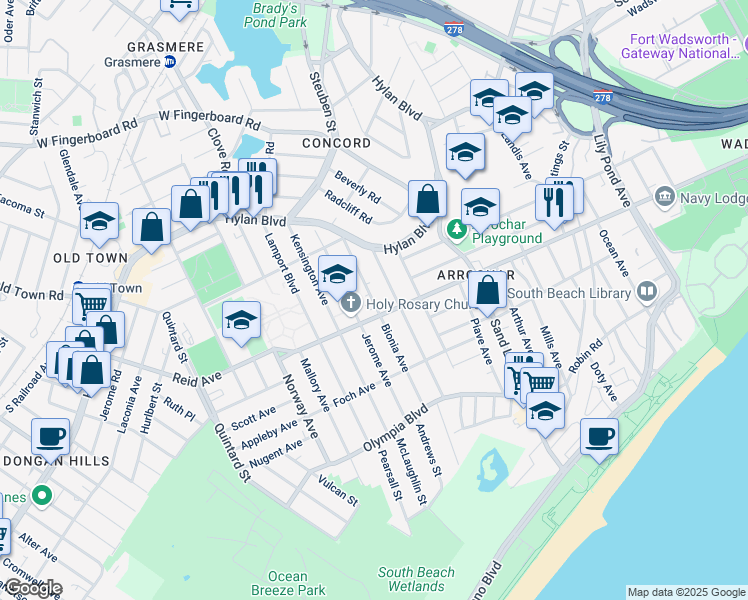map of restaurants, bars, coffee shops, grocery stores, and more near 77 Bionia Avenue in Staten Island