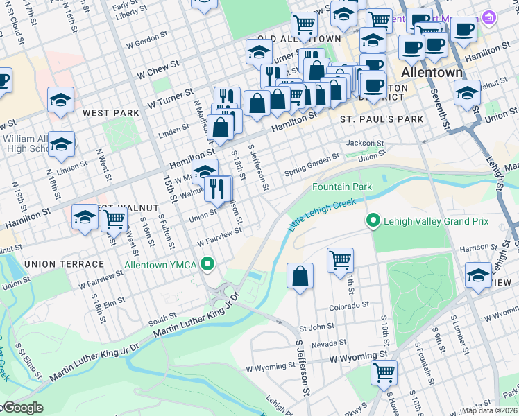 map of restaurants, bars, coffee shops, grocery stores, and more near 214 South Richland Street in Allentown