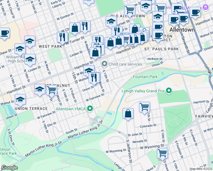 map of restaurants, bars, coffee shops, grocery stores, and more near 214 South Mercer Street in Allentown