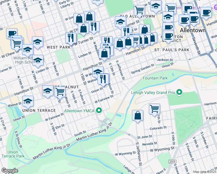 map of restaurants, bars, coffee shops, grocery stores, and more near 139 South 14th Street in Allentown