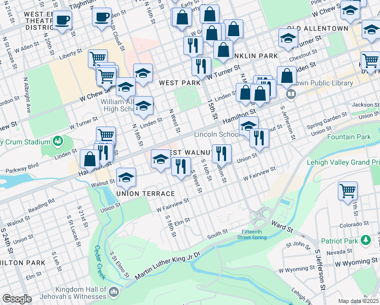 map of restaurants, bars, coffee shops, grocery stores, and more near 31 South West Street in Allentown