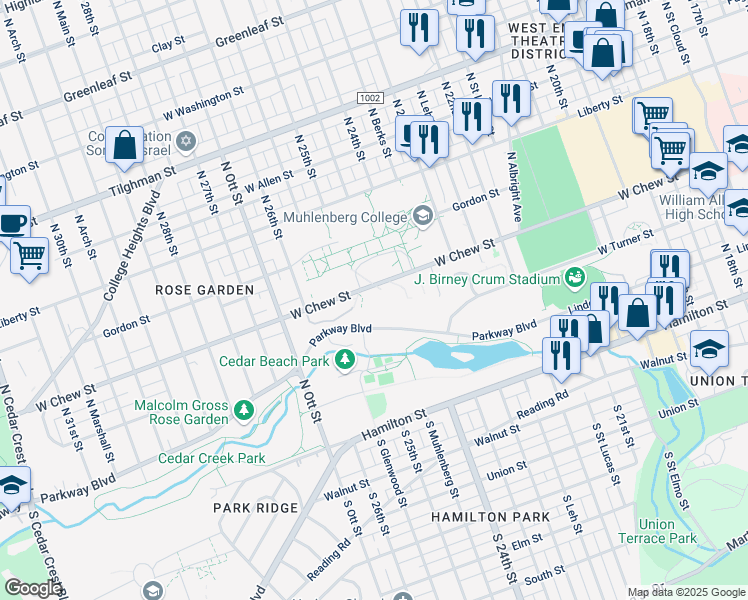 map of restaurants, bars, coffee shops, grocery stores, and more near 2400 W Chew St in Allentown